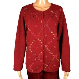 Vintage Cricket Lane Wool Blend Embroidered Felted Dark Red Cardigan Size M